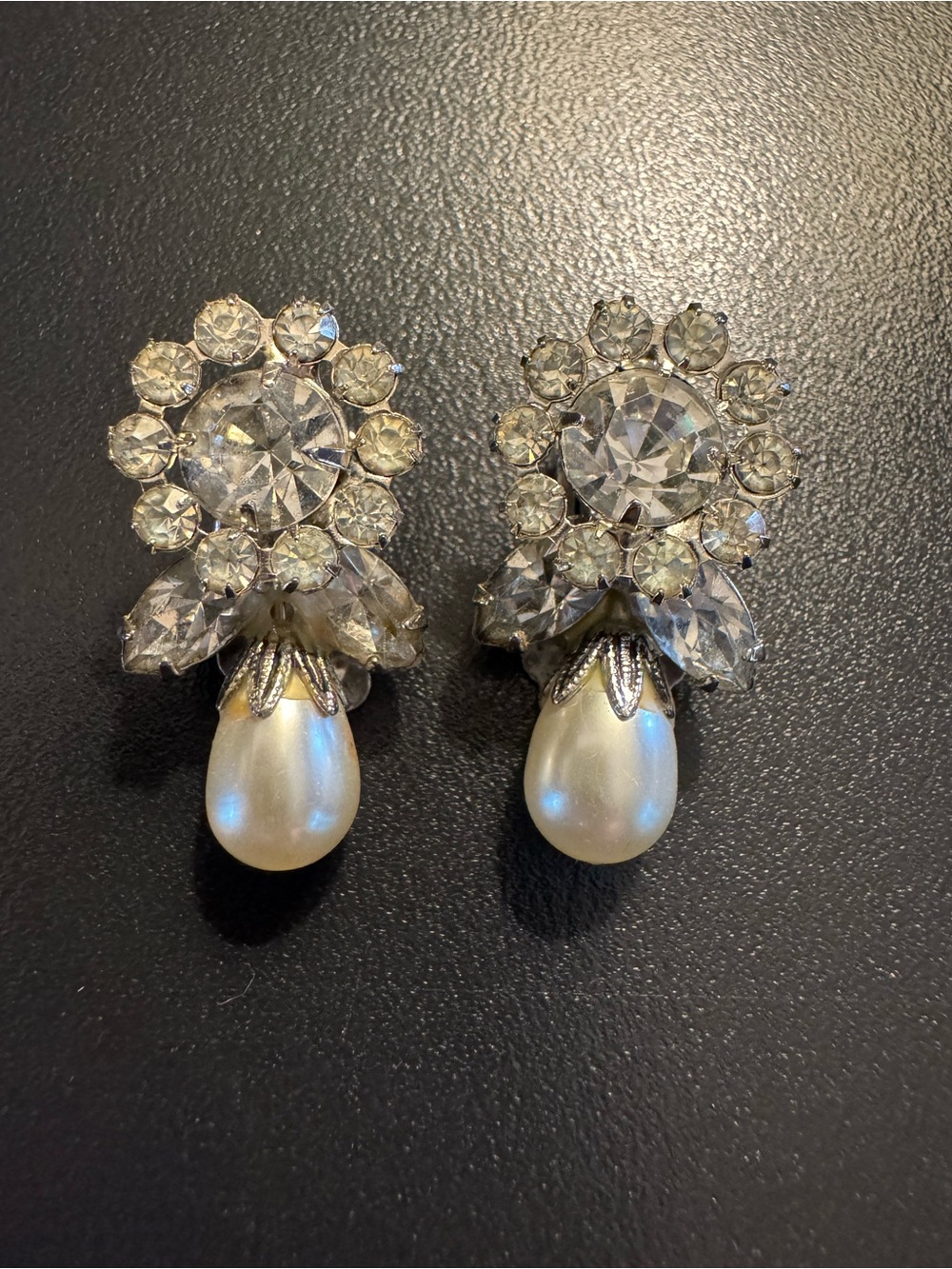 Vintage Rhinestone Pearl Drop Clip On Earrings Bridal Glam